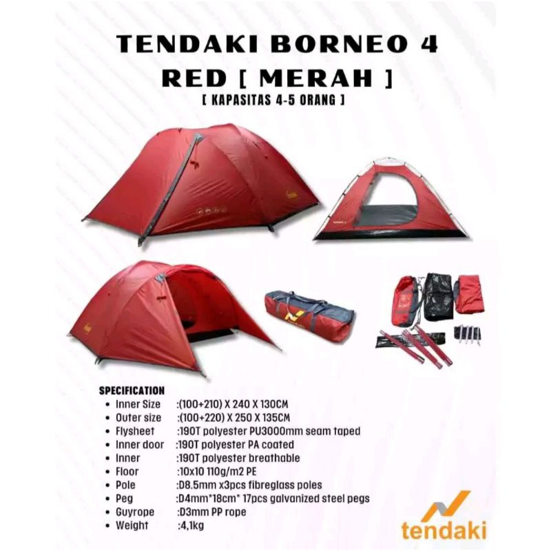 Tenda camping borneo tendaki 4 orang new baru