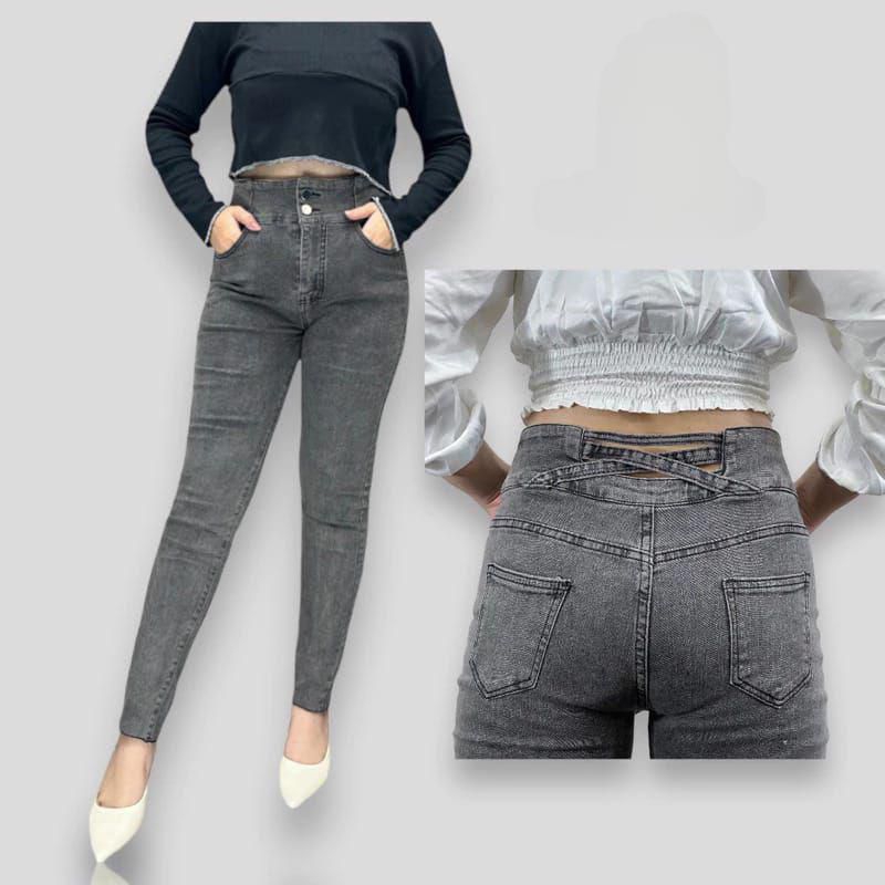 Celana jeans high waist tali silang belakang skinny celana hw snow abu kekinian Korean style