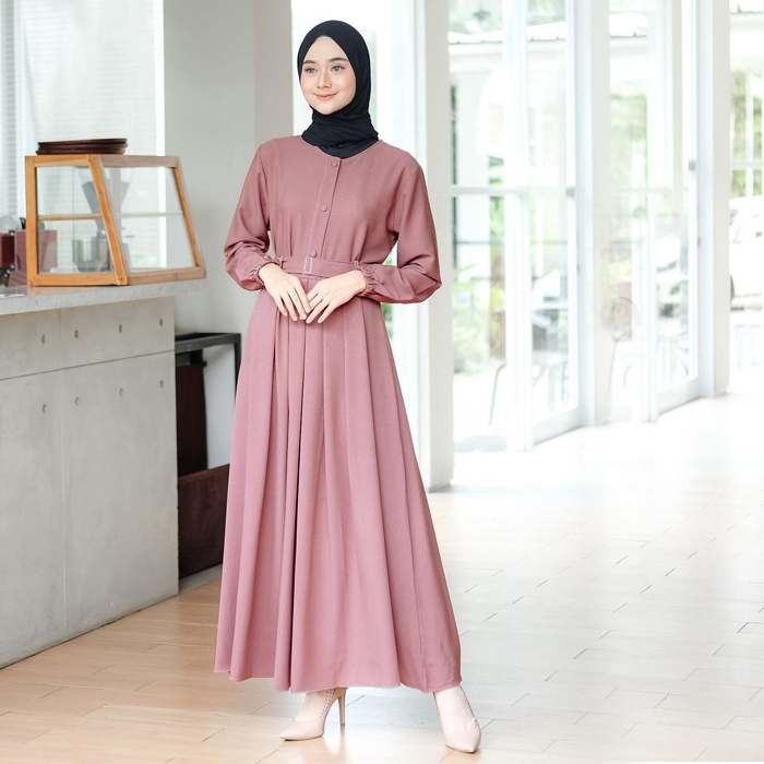 Gamis Monna Dress Sandira Belt Busui Friendly Syar'i Muslimah Jumbo Terbaru Shakila Premium Gamis Polos-ROSE GOLD