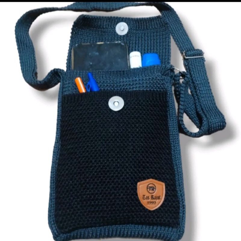 TAS RAJUT HP SELEMPANG BAHU SLING BAG 2 RUANG PRIA DAN WANITA, TAS HP 16X21 CM