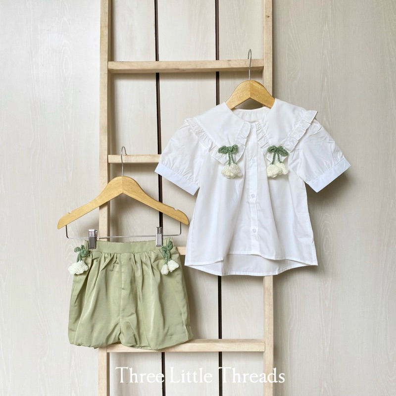 Three Little Threads - Sana Set White Shirt and Sage Green Shorts / Setelan Kemeja Putih Dan Celana 