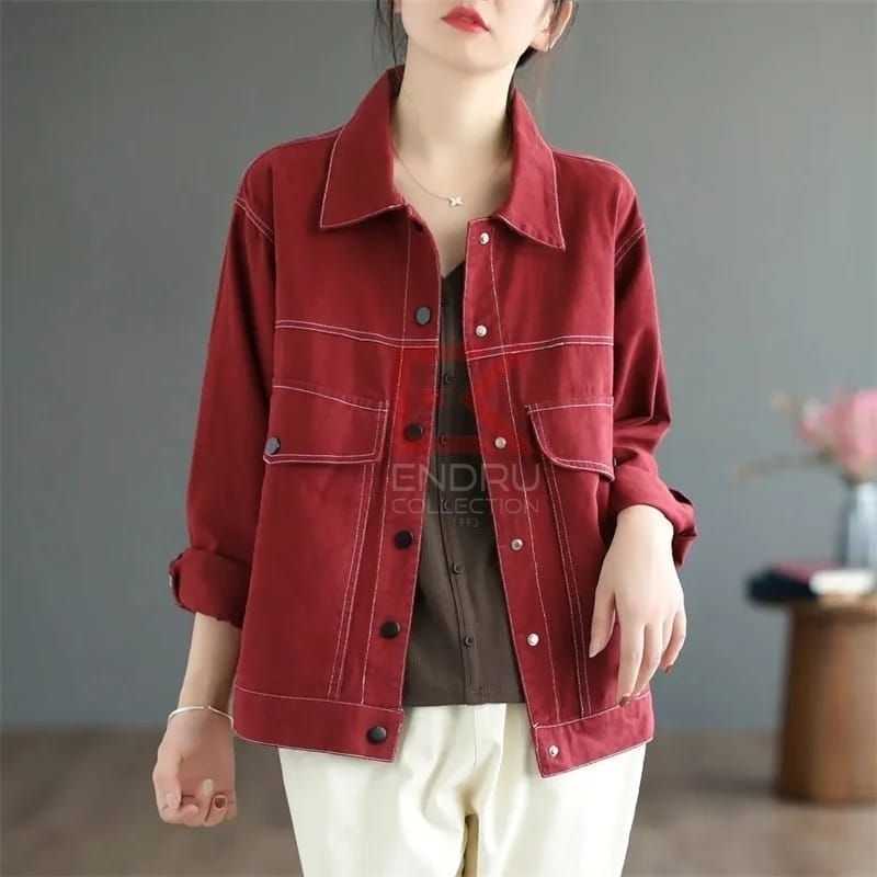 jacket wanita stayle Jaket Wanita Korea Model Santai Kancing Jepret Tersedia Warna Marun dan Coklat 