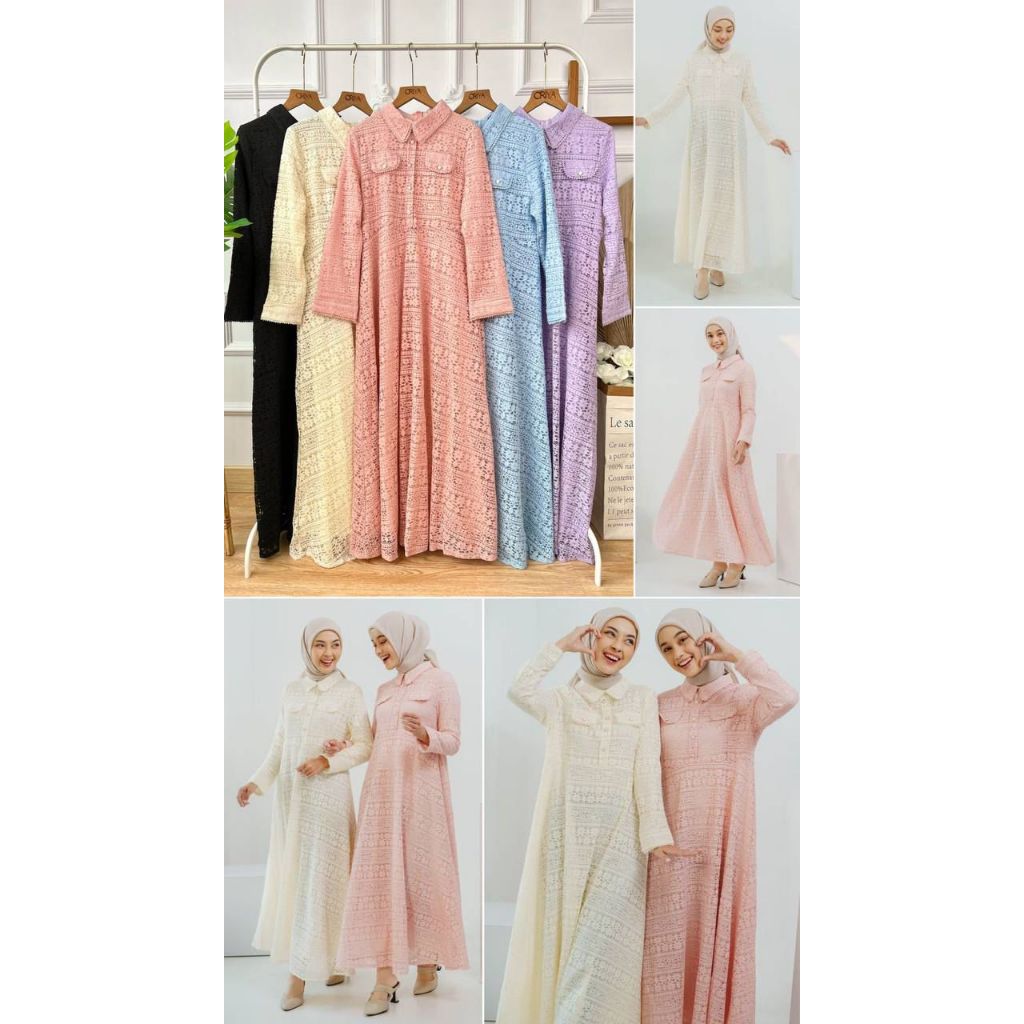DRESS BRUKAT RENDA KERAH VARIASI ACC BUTTON PEARL TWIN POCKET LENGAN PANJANG PREMIUM WANITA TERUSAN 