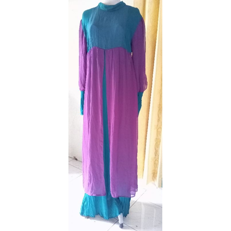 Gamis preloved kombinasi warna hijau tosca (bahan jersey) dan ungu terong (bahan ceruty)