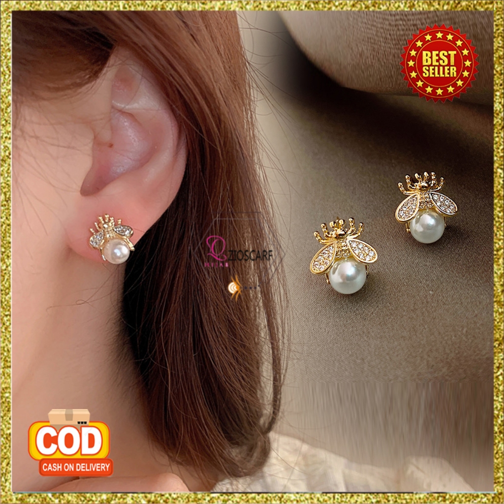Anting Korea Wanita Tusuk Stud Mutiara Pearl Model Lebah Desain Mewah Elegan Fashion Aksesoris Perhi