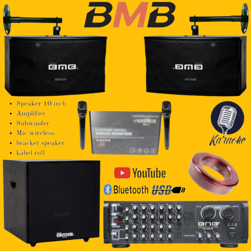 PAKET BMB SPEAKER 10 INCH + SUBWOOFER + AMPLIFIER + MIC WIRELESS FREE KABEL DAN BREKET