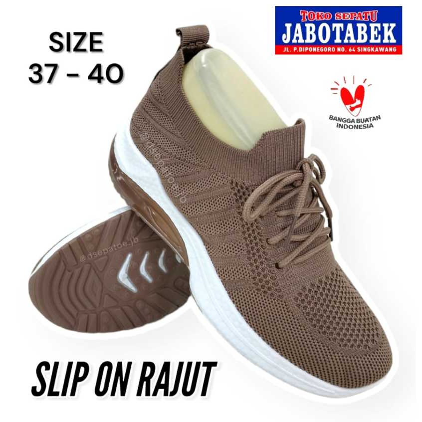 [COD] SEPATU CASUAL CEWEK SLIP ON RAJUT ELASTIS SPIKE WARNA COKLAT MOCCA SIZE 37 38 39 40 SOLE KARET
