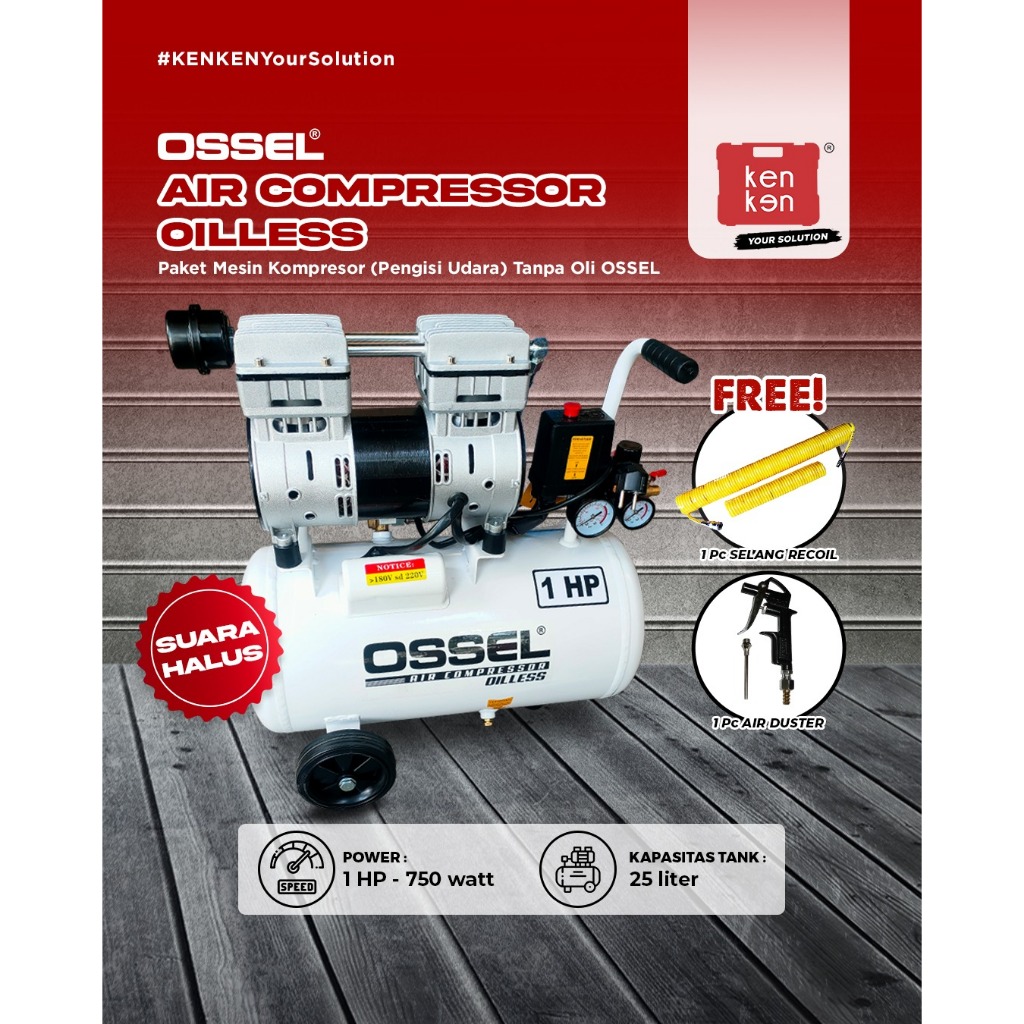 OSSEL Kompresor Oilless 1 HP 25 Liter Kompresor Tanpa Oli 1 HP 25 Liter OC100-24 Kompresor Tanpa Oli