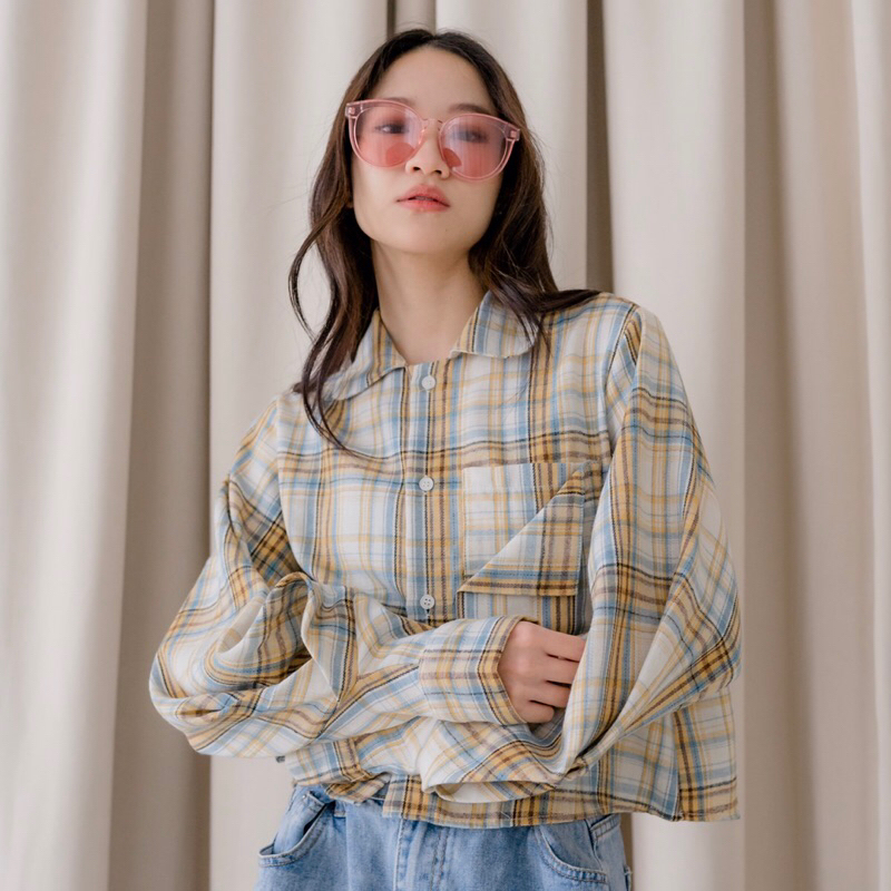 Seya Clothing - Bowie Flanel Crop Shirt - Kemeja Flanel Wanita Dengan Lengan Balon