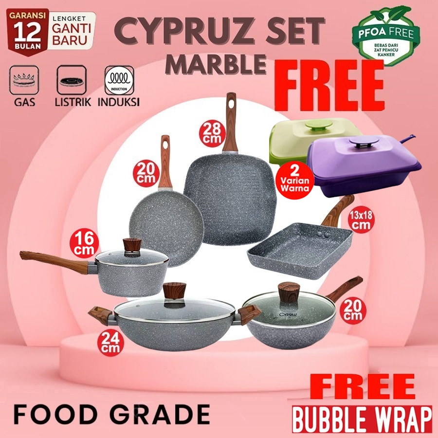 Cypruz Cookware Set Pan Marble Cyprus 6 Pcs Wajan Penggorengan Induksi Anti Lengket