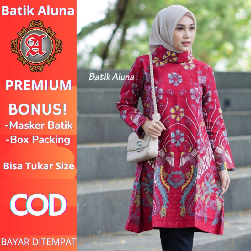 BATIK TUNIK WANITA TUNIK PREMIUM BATIK WANITA WARNA MERAH BATIK TUNIK TERBARU TUNIK LENGAN PANJANG T