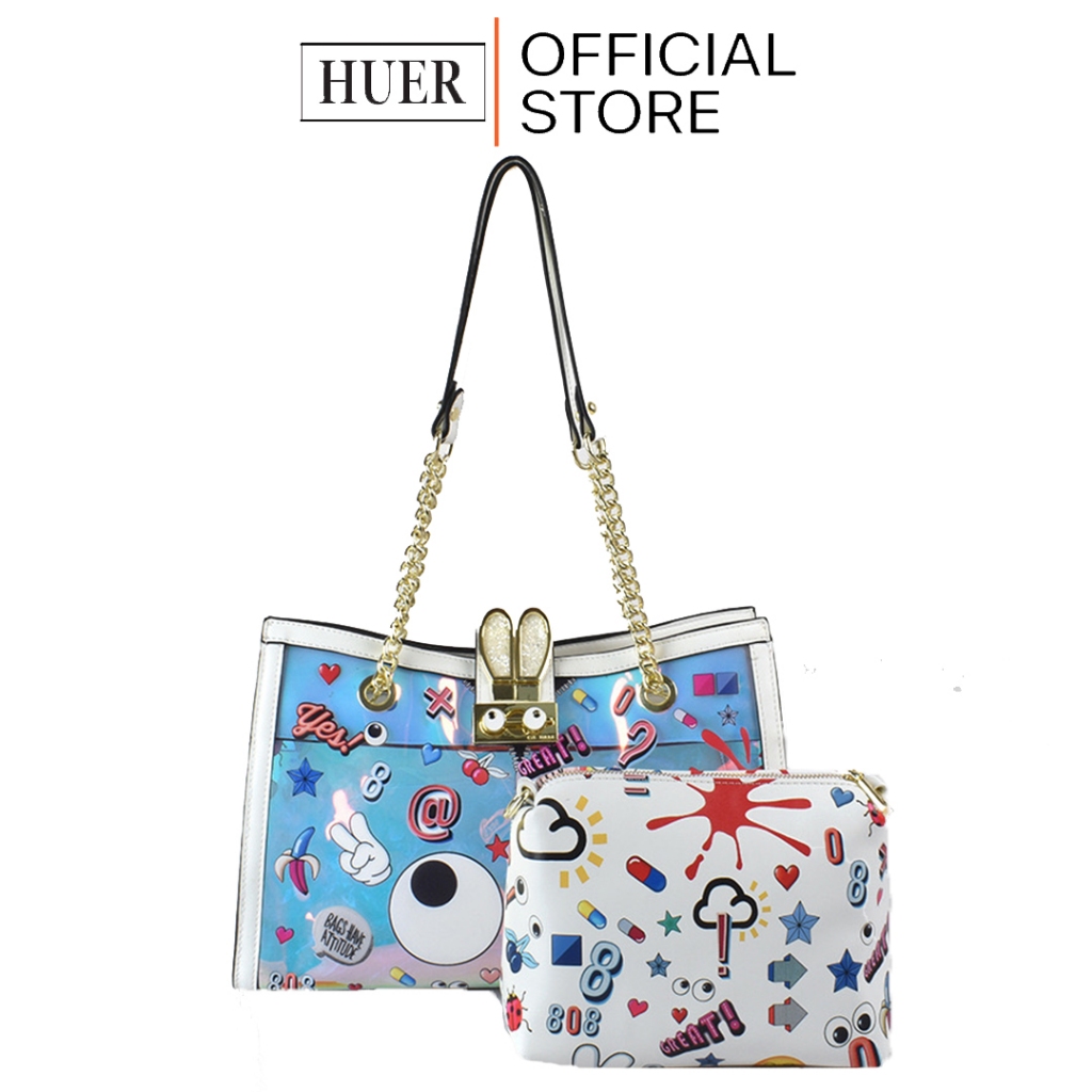 HUER ~ Tas Wanita Wenlly Eye Theme Printed Hologram Shoulder Bag 9454-382White