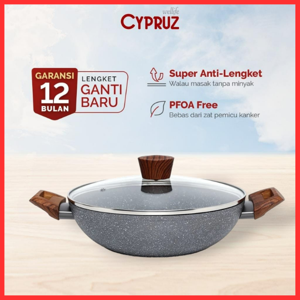 cypruz marble kuali  24 cm KI-0647 + Tutup kaca panci anti lengket kuali marbel kuali keramik