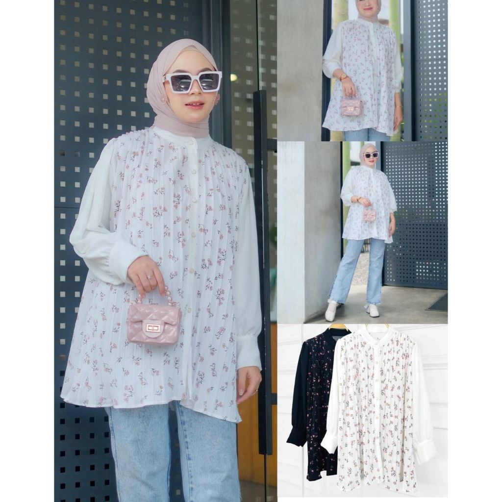 BLOUSE CRINKLE PLEADS OVERSIZE MOTIF ROSE FLOWER VARIASI KERAH SANGHAI MIX BUTTON PEARL GOLD LENGAN 