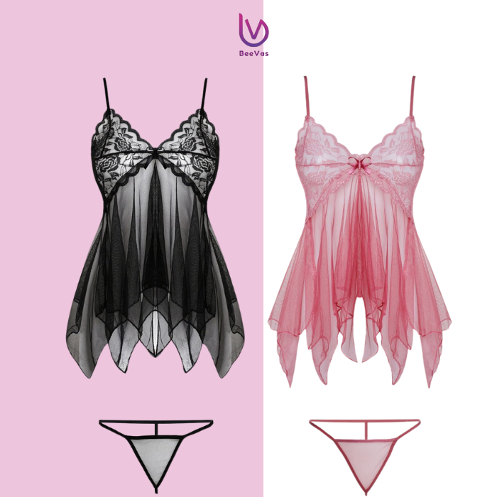 BV.ID BT002 Lingerie Sexy Set G-String Pakaian Dalam Wanita Seksi Baju Tidur  V-Neck Model Dress-1