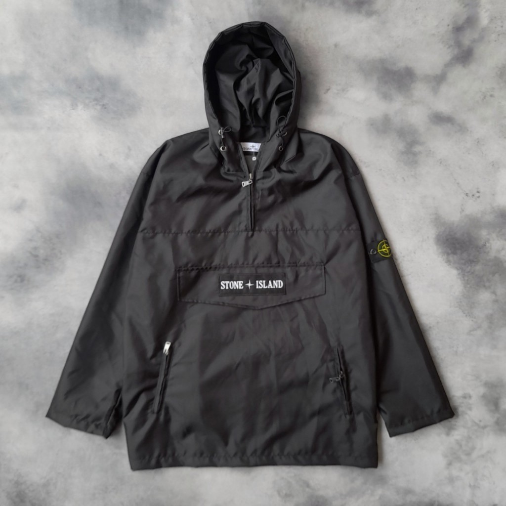 Jacket Parasut Stonee Islands Half Zip Hitam FullTag Label Prem