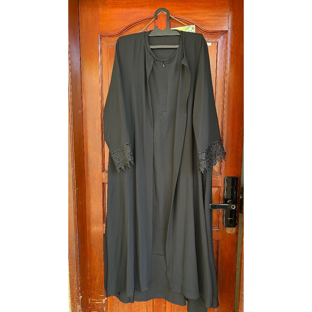 Zafaoutfit-Jamela Set Abaya Hitam Gamis Haji Dan Umroh Polos Wanita Syar'i PRELOVED