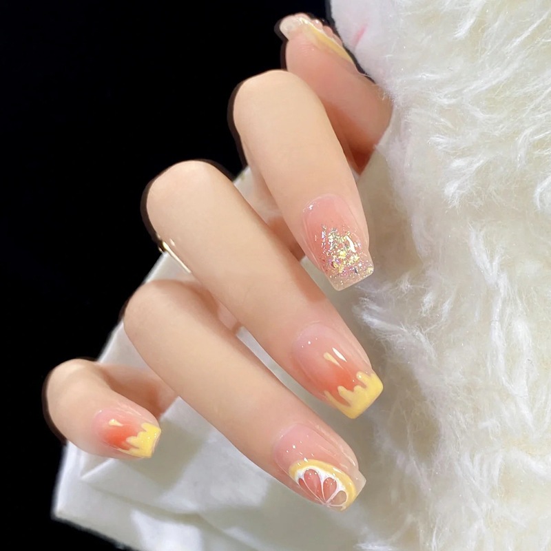 PSBY30 - 24 Pcs Kuku Palsu Free Lem, Motif Pendek Lemon Simple,Wedding Nails Fake Nail Art 3d Kuku P