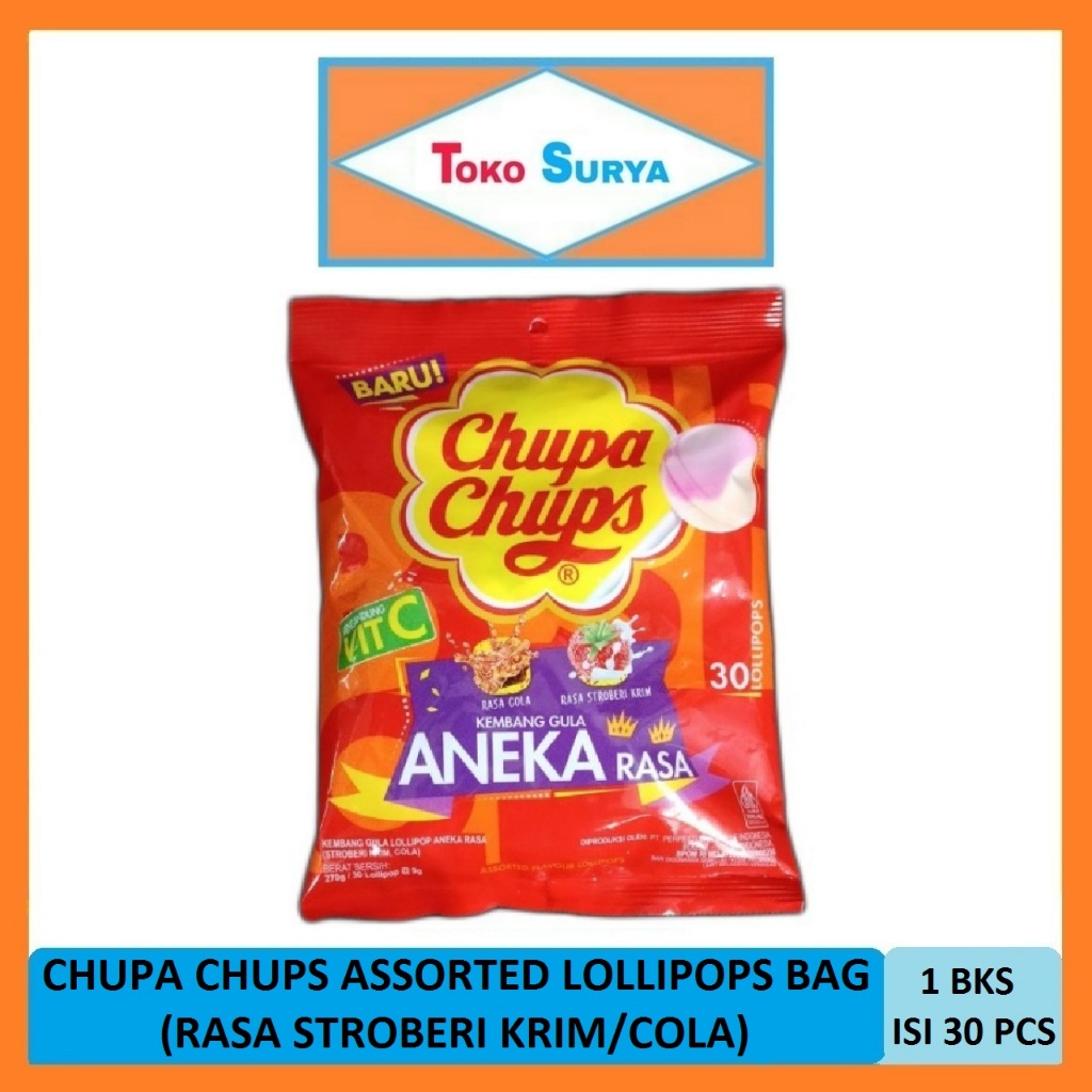 

Chupa Chups Assorted Flavour Lollipops Bags Permen Lolipop Aneka Rasa Cola & Stroberi Krim 30 Pcs x 9 Gr