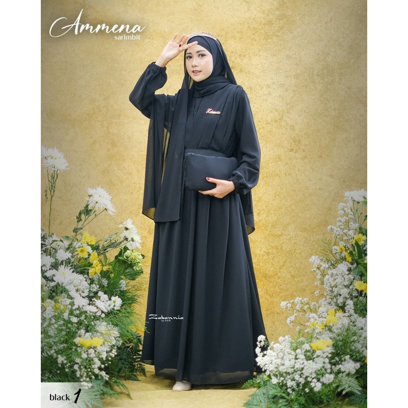 (DRESS MOM) AMMENA SARIMBIT DRESS MOM SET PASHMINA BLACK by ZABANNIA