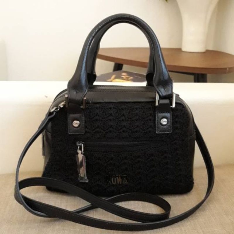 Preloved Tas Dowa Gimpo Black Rajut Knit mix Leather Kulit Asli