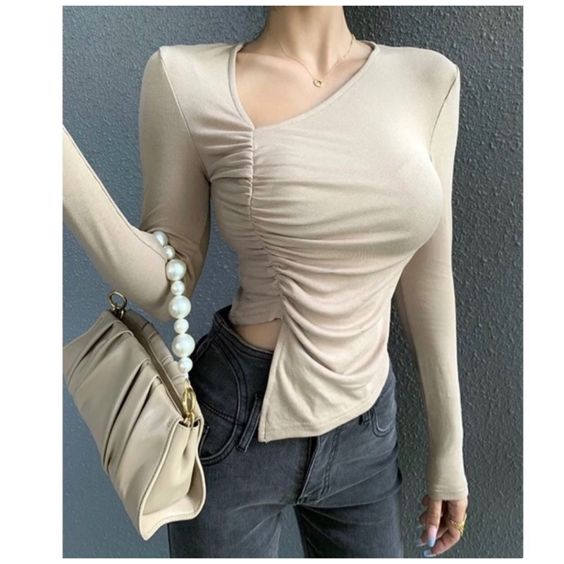 French Sexy V Neck Asymmetric T-shirt / Atasan Wanita