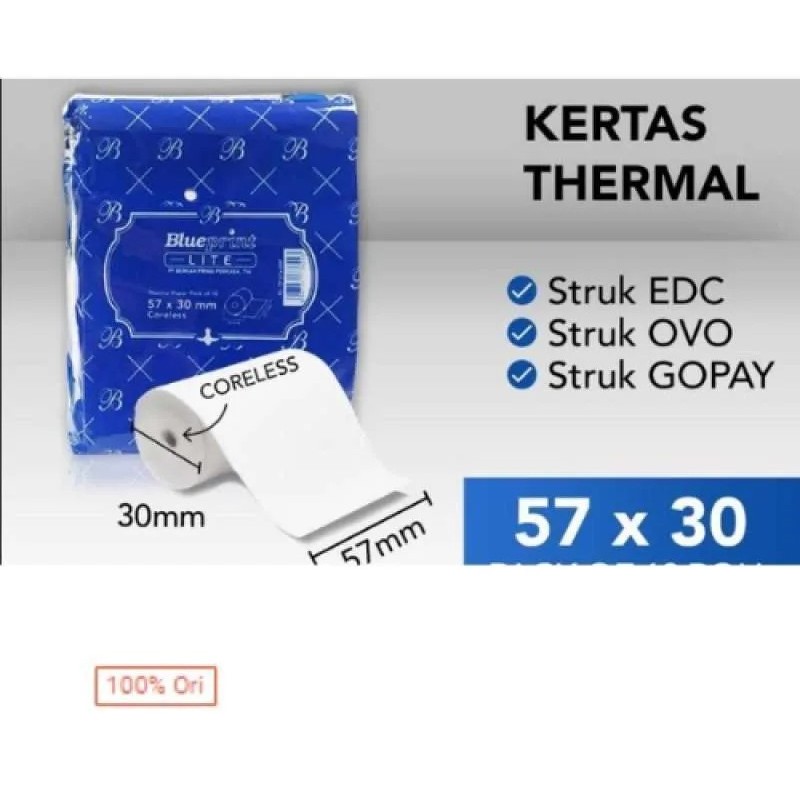 

KERTAS THERMAL / STRUK KASIR BLUEPRINT LITE 57 X 30 MM 1 PACK ISI 10 ROL