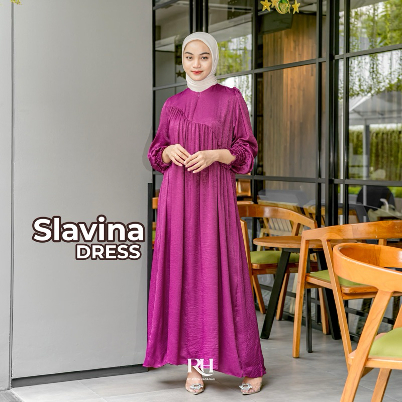 Rh Col Slavina Dress Panjang Polos Lengan Karet Bahan Santorini Gamis Muslim Wanita Elegan