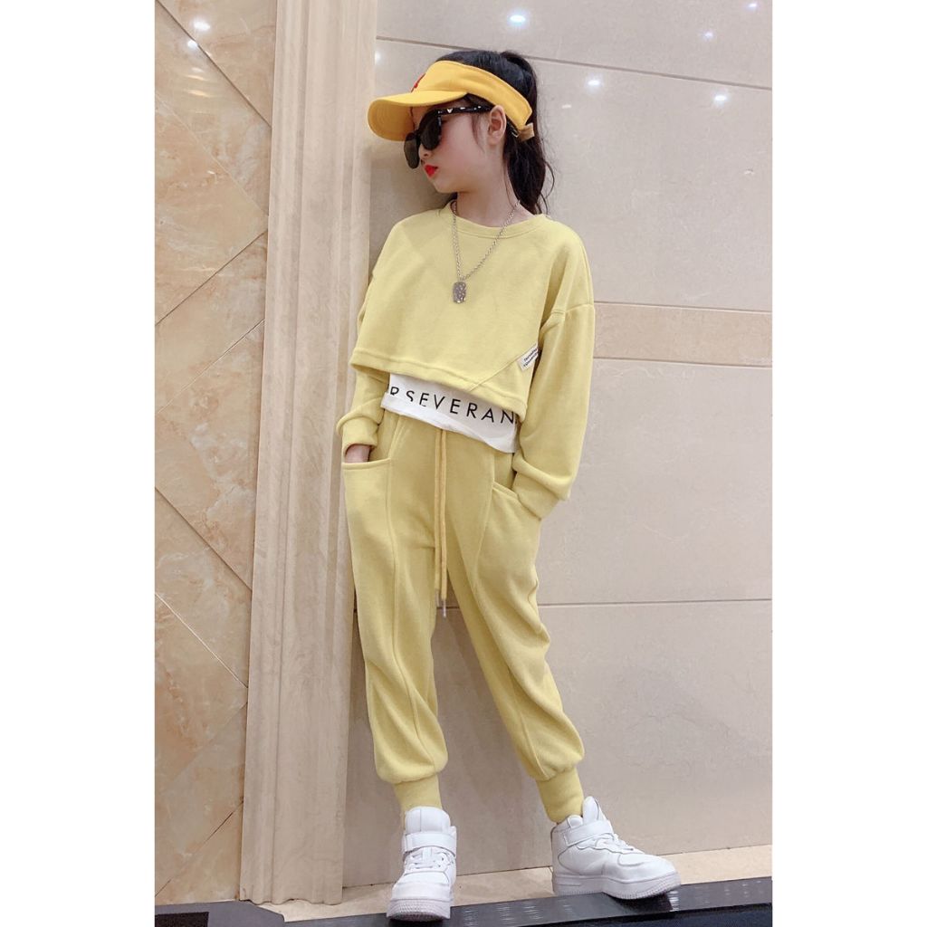 SETELAN TANGGUNG ANAK PEREMPUAN / SET PAKAIAN ANAK PEREMPUAN KEKINIAN / SETELAN WARNA KUNING / SET B