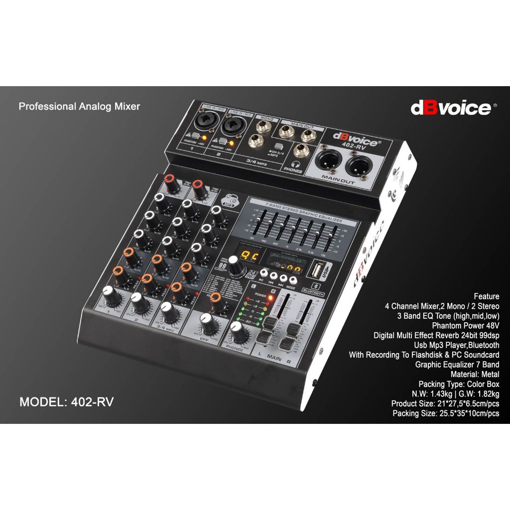 Mixer DBVOICE 402 RV Original Mixer 4Channel 2Mono 2Stereo Bluetooth