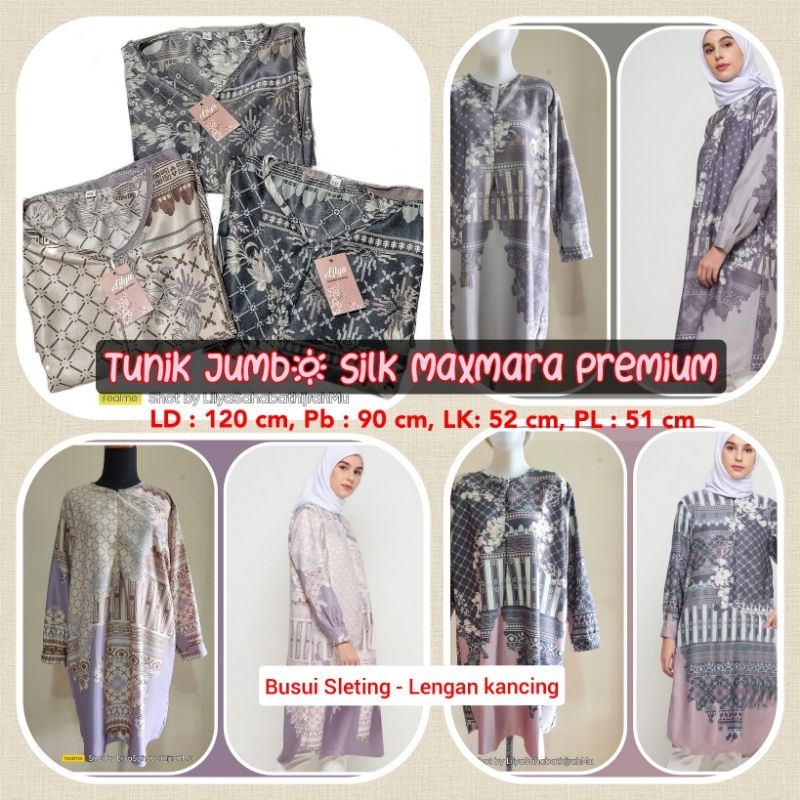 Tunik Silk Maxmara Jumbo LD 120 cm Pb 90 cm tebal mewah busui dan Wudhu Friendly