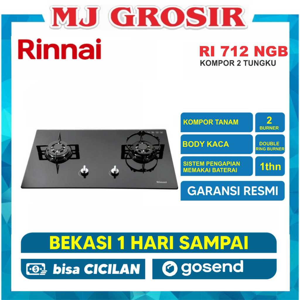 KOMPOR 2 TUNGKU RINNAI RB 712 NGB TEMPERED GLASS SLIM
