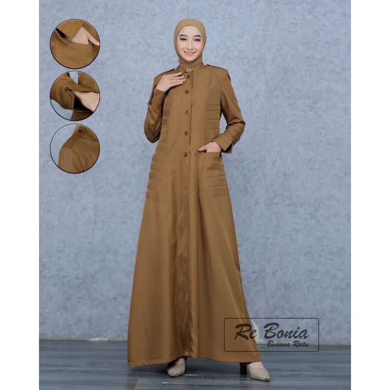 Gamis PDH Re Bonia Baju PNS.ASN,PEMDA,Gamis Kheki Tua Gamis PDH Guru Wanita Seragam ASN Kheki Tua Ga