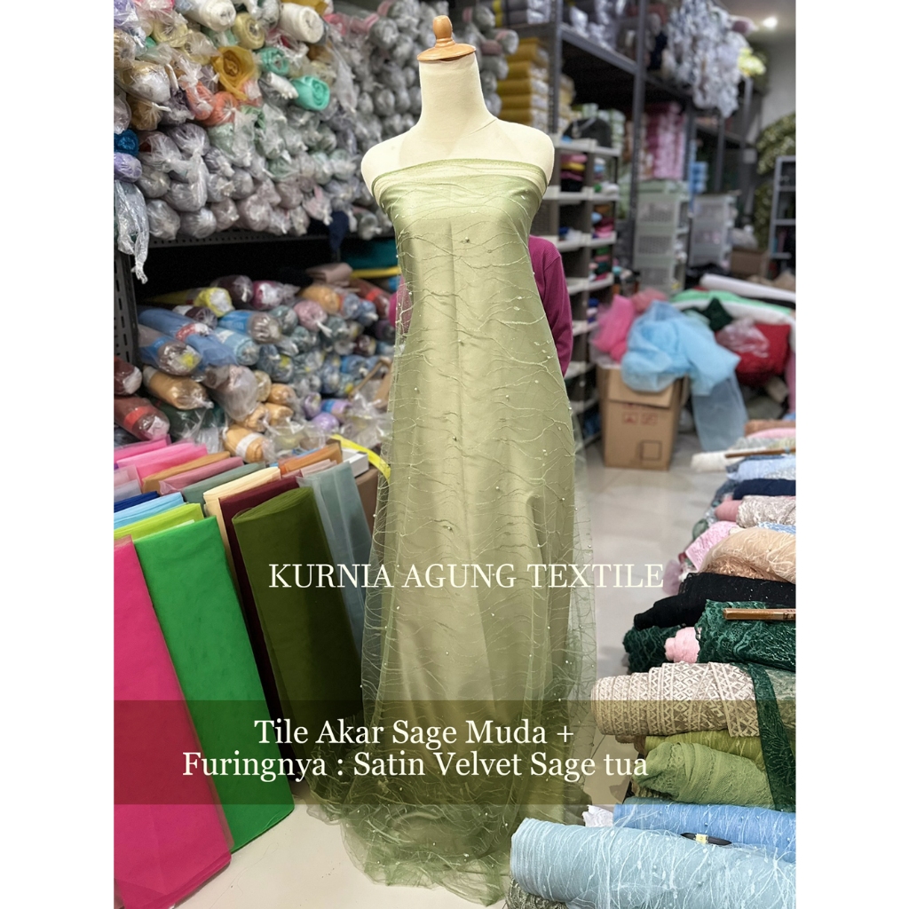 Kain Tile Akar Mutiara Gliter Brukat Warna SAGE GREEN Per Meter dan Per 0.5m bahan gamis kebaya mewa