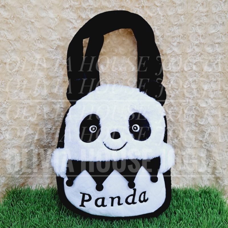 Tas Tenteng Panda Bulu Pompom Zigzag Totebag Panda Bulu Tas Panda Bulu Putih Hitam