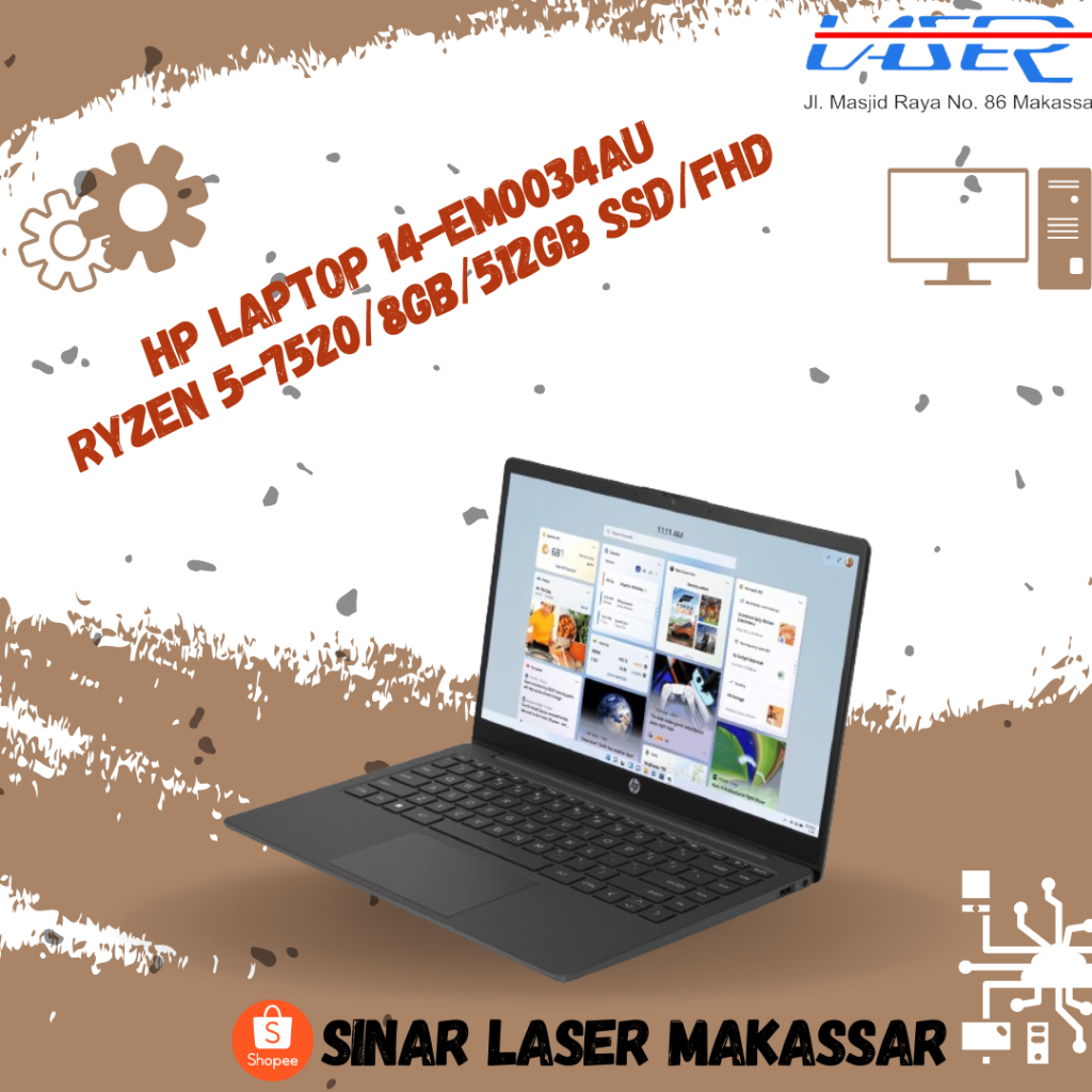 HP LAPTOP 14 EM0034AU RYZEN 5 7520 8GB 512GB SSD WIN11+OHS 14" FHD GARANSI RESMI