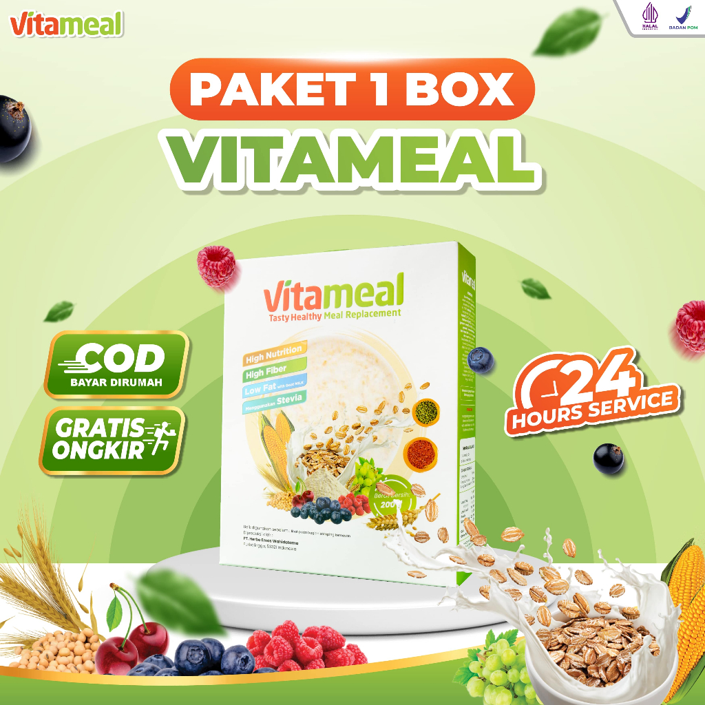 

PAKET 1 BOX VITAMEAL - Sereal Sehat Multigrain Penurun Gula Darah Sarapan Sehat Penderita Diabetes Cegah Komplikasi Kaya Antioksidan Oats Berries Susu Kambing Etawa Psyllium Husk Cereal Diet Sehat Pencegah Gula Darah Tinggi Kencing Manis