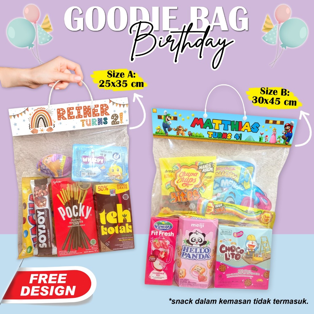 

(min 12) Plastik Goodie Bag Birthday Ulang tahun anak custom nama | tas plastik snack hampers souvenir kelulusan Paud, TK, SD, Graduation