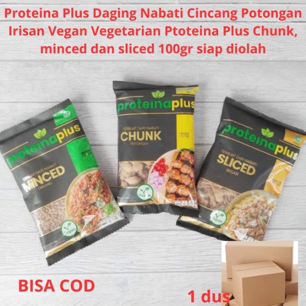 

jual 1 dus isi 24 Proteina Plus protein 95% Daging Nabati Cincang Potongan Irisan Vegan Vegetarian Ptoteina Plus Chunk, minced dan sliced 100gr siap diolah