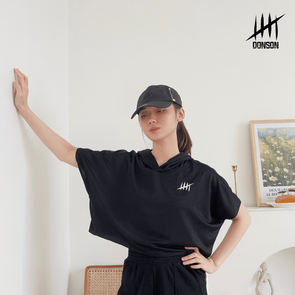 DONSON Hoodie Lengan Pendek Luaran Atasan Crop Wanita Warna Hitam