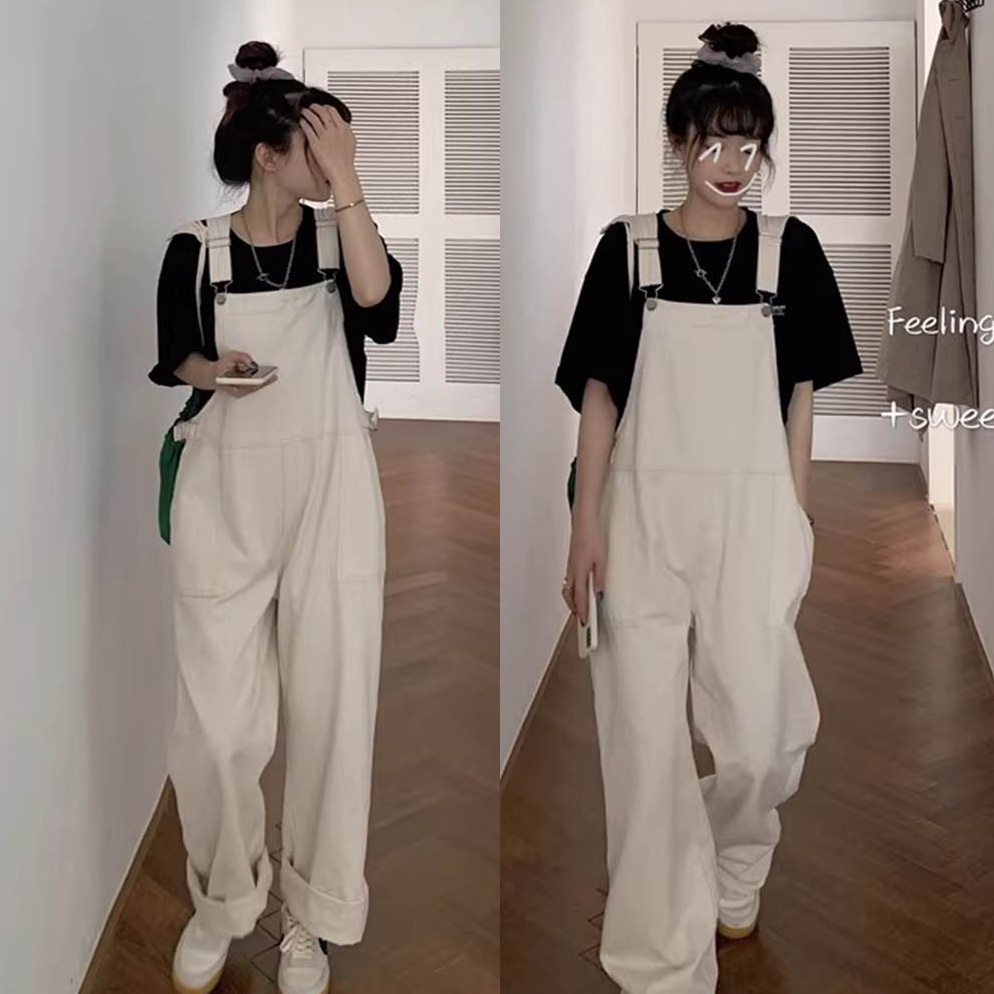 ART N76H korea style retro celana jumpsuit jeans wanita high waist loose hitam gelap jumpsuit jeans 