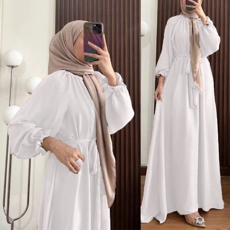 Dress Gamis Putih Simple Elagan Terbaru Almira Dress Crinkle Gamis Wanita Remaja Muslim Kekinian