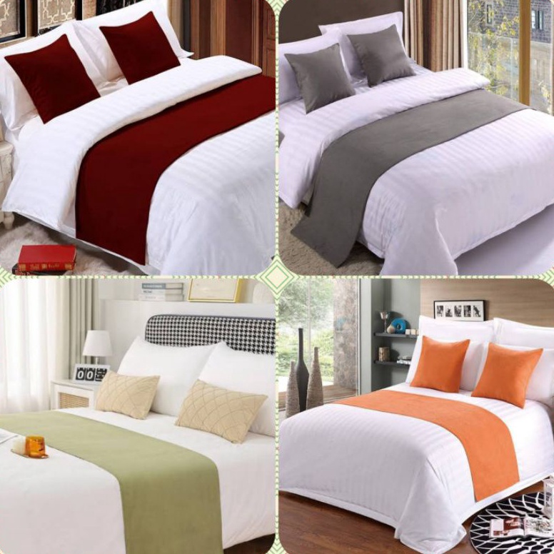 STOK TERBATAS Bed Runner Hotel Selendang Kasur Tempat Tidur Hotel Mewah Polos Katun 4x15cm 4x24cm Mu
