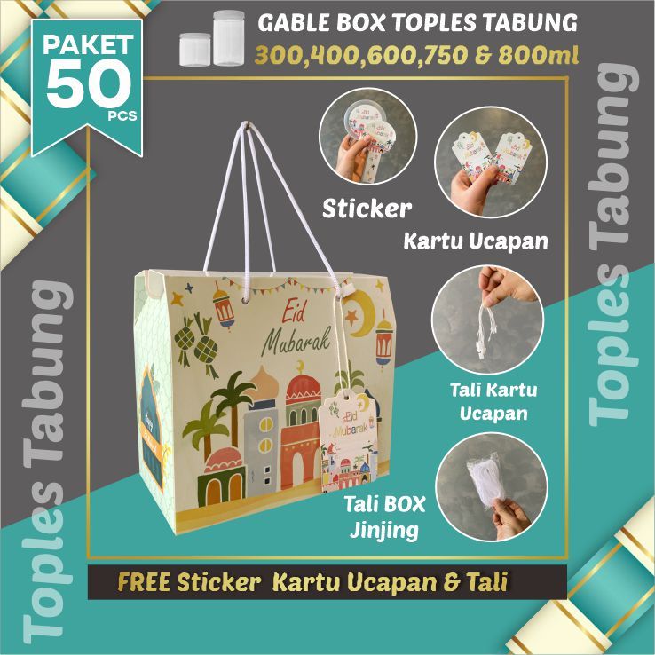 

50 Pcs Gable Box Lebaran toples tabung - White Pink Muat 2 toples jar 500-800ml/ uk 19x17x10 cm /hampers kue lebaran