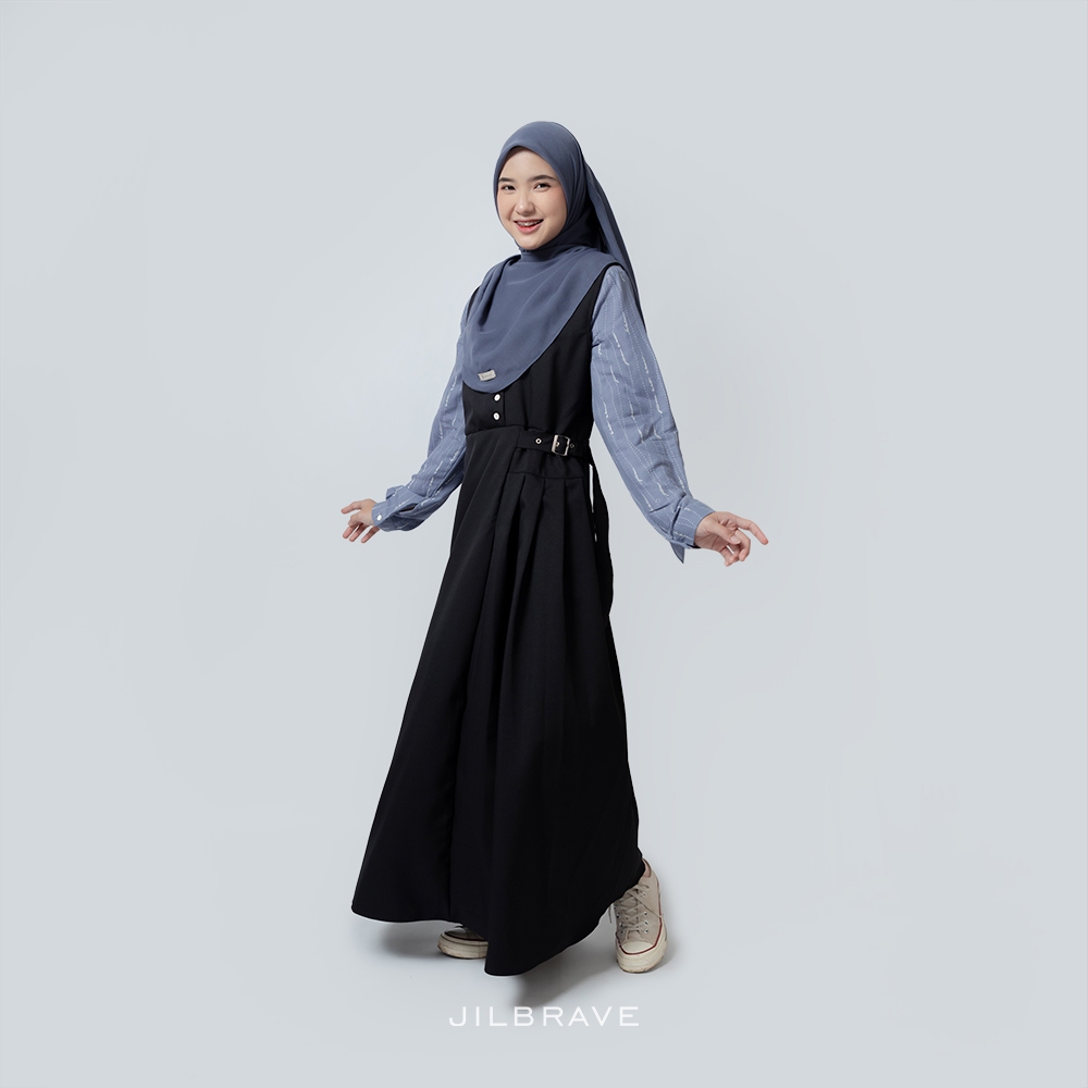 JILBRAVE Maggie Overall Gamis Casual Lebaran Inner Rayon Motif Monogram Premium Raya Collection-BLUE BLACK