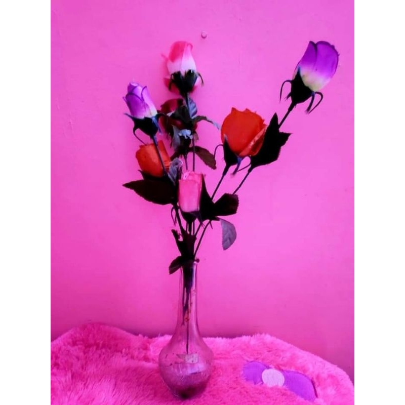 (PRELOVED) bunga plastik + pot kaca