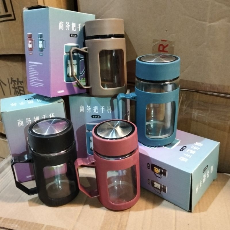 Botol Kaca Cangkir Minum Mug Model Gelas Tutup Motif 500 ML