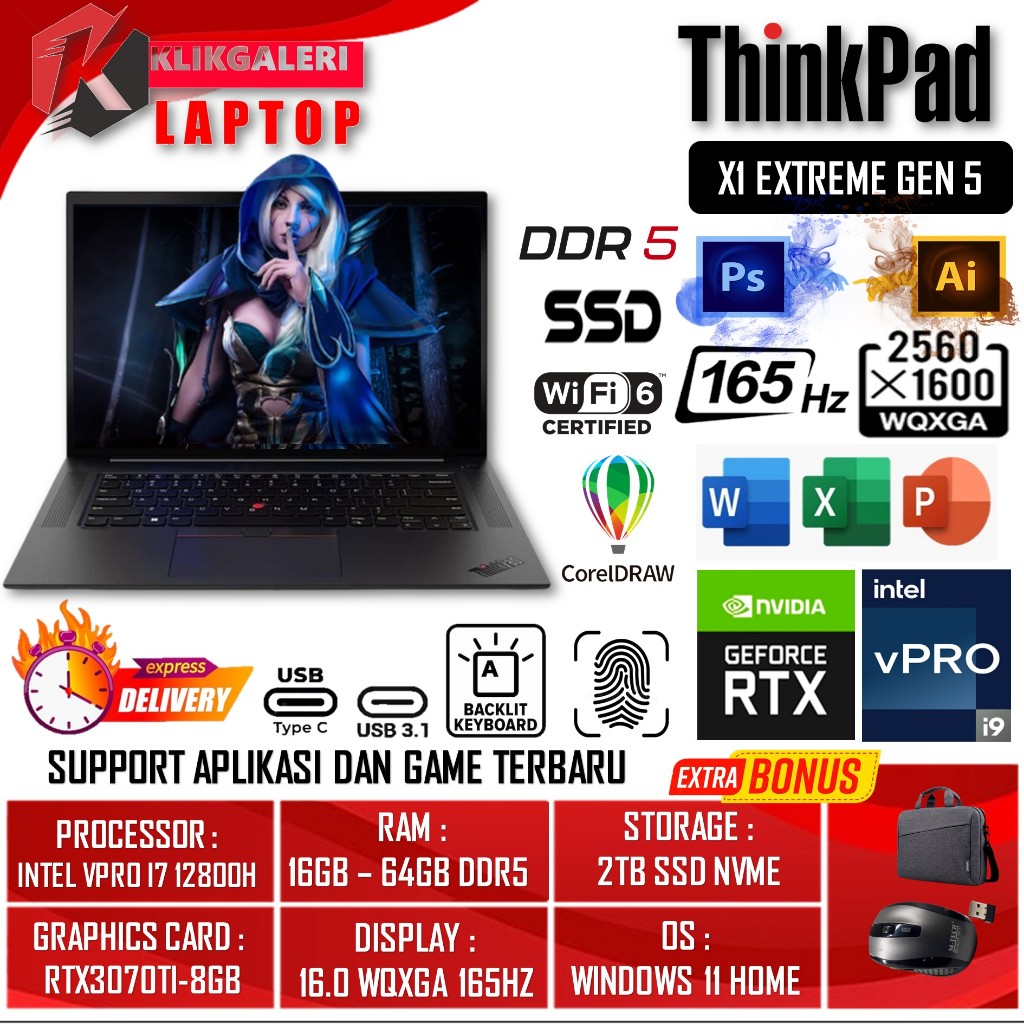 Laptop Gaming Lenovo Thinkpad X1 Extreme Gen 5 i9 12900H RTX3080TI-16GB - 64GB DDR5 1TB SSD 16.0 WQX