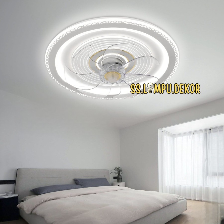 KIPAS ANGIN LAMPU PLAFON LED REMOTE MINIMALIS PUTIH BULAT