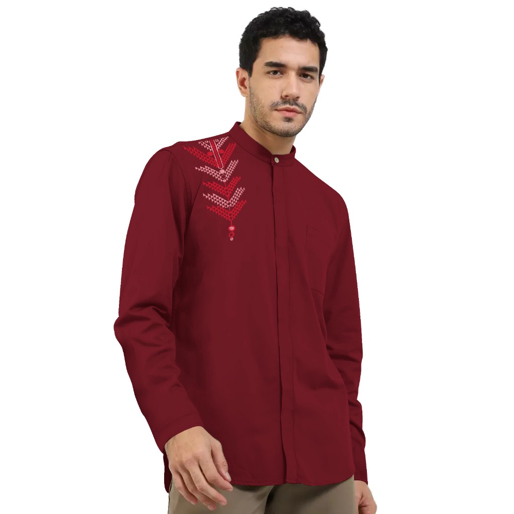 Al Jabari - Baju Koko Pria Dewasa Lengan Panjang Lengan Pendek / Baju Muslim Pria Bordir Motif Simple Bahan Katun Mikro Premium-4